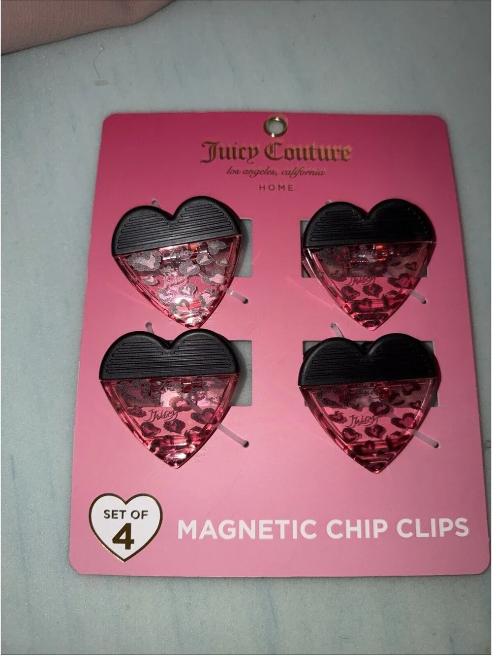 JUICY COUTURE SET 4 HEART 💜 SHAPED Magnetic CHIP CLIPS LEOPARD PRINT NIP